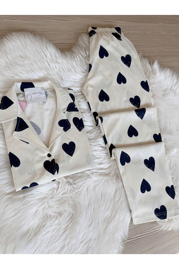 Lacivert Kalp Desenli Pamuklu Kısa Kol Gömlek Yaka Pijama Takımı - 2