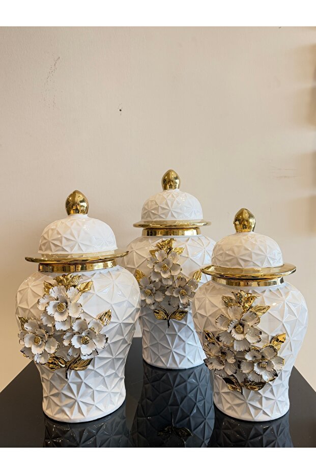 3lü çiçekli beyaz vazo - 1