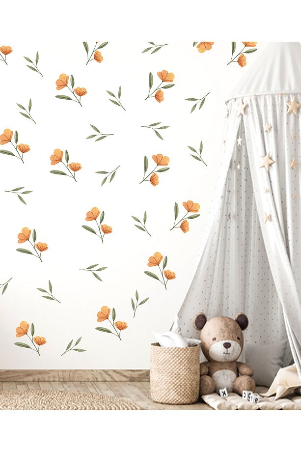 Turuncu Çiçekler ve Yapraklar Pastel Tonlu Duvar Sticker Seti - 6