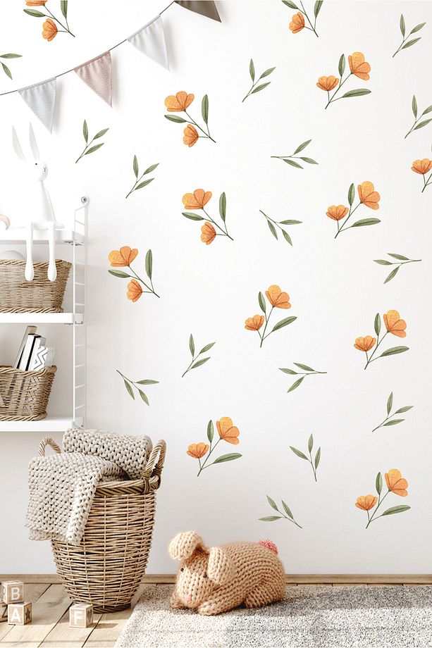 Turuncu Çiçekler ve Yapraklar Pastel Tonlu Duvar Sticker Seti - 5