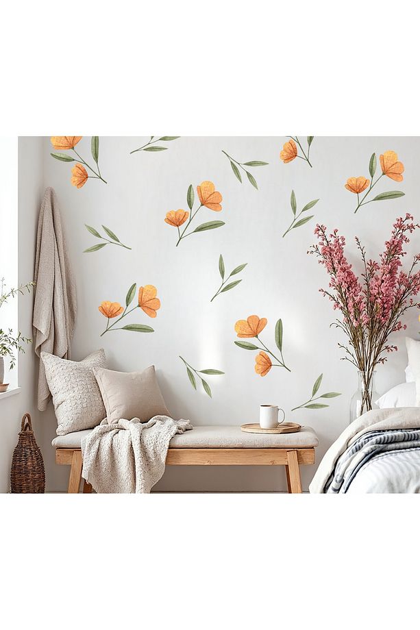 Turuncu Çiçekler ve Yapraklar Pastel Tonlu Duvar Sticker Seti - 1