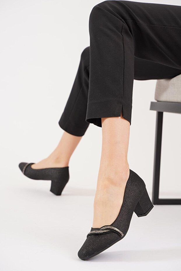 Sagues Women's Heeled Shoes with Side Stones Black Glitter