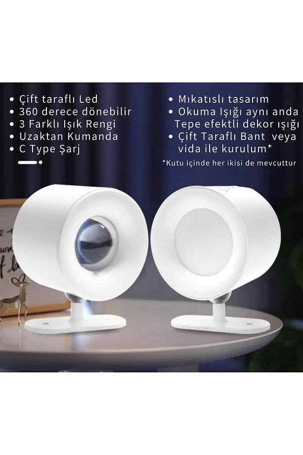 Led Kablosuz 360 Dönen Şarjlı Yatak Başı Çalışma Masası Ledli Duvar Aplik 3 Renk Işıklı Gece Lambası - 8