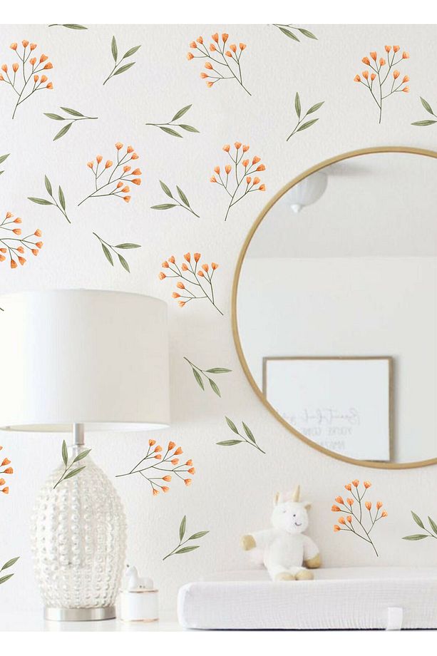 Küçük Turuncu Çiçekler ve Yapraklar Pastel Tonlu Duvar Sticker Seti - 1