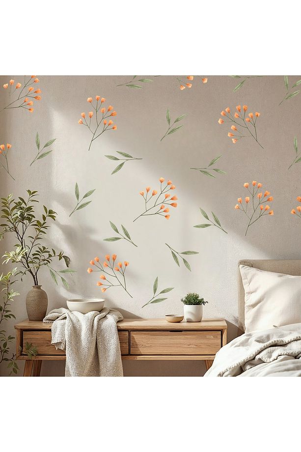 Küçük Turuncu Çiçekler ve Yapraklar Pastel Tonlu Duvar Sticker Seti - 3