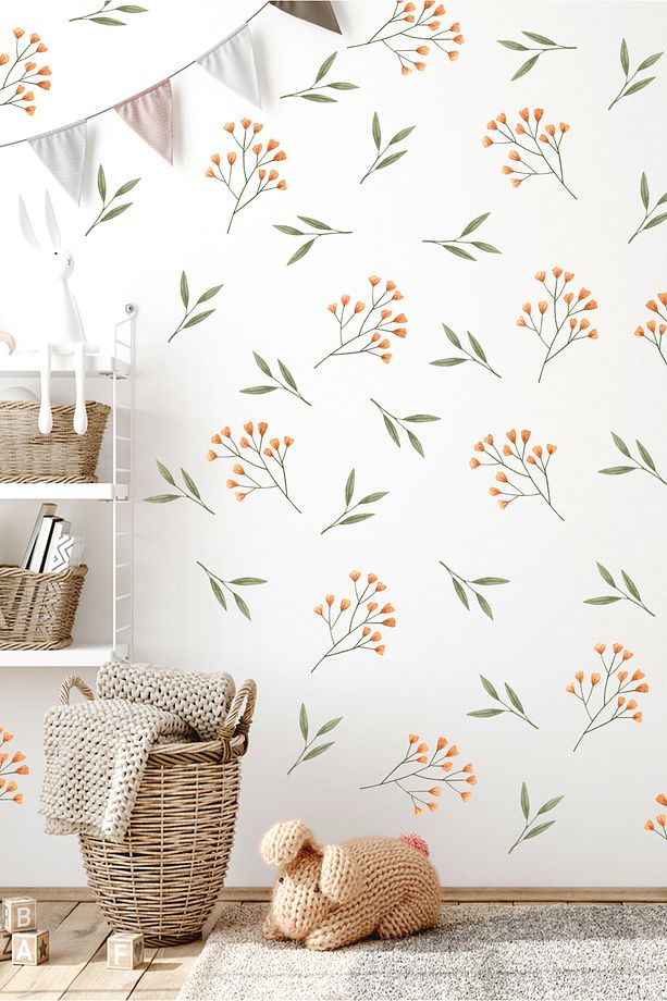 Küçük Turuncu Çiçekler ve Yapraklar Pastel Tonlu Duvar Sticker Seti - 5