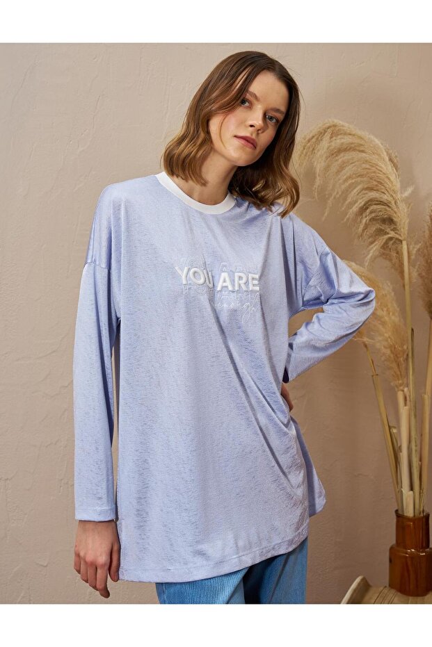 Slogan Detaylı Örme Sweatshirt Mavi - 2