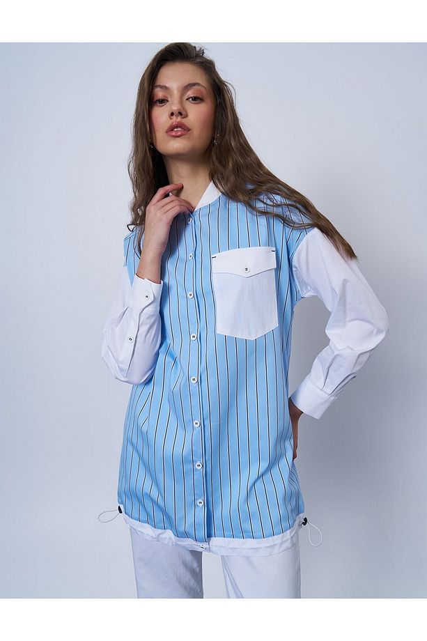 Tek Cepli Poplin Tunik Mavi - 3
