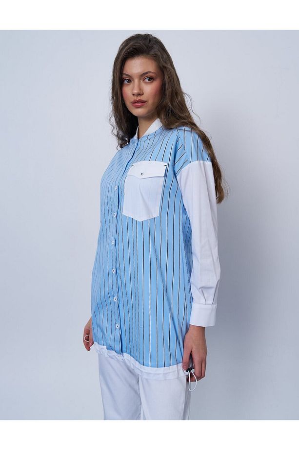 Tek Cepli Poplin Tunik Mavi - 4
