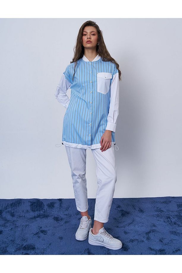Tek Cepli Poplin Tunik Mavi - 5