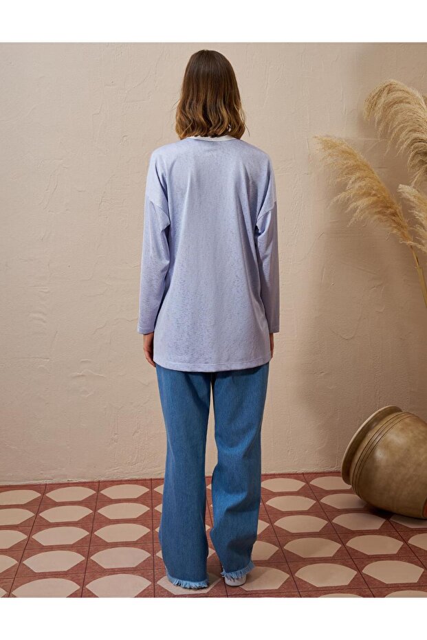 Slogan Detaylı Örme Sweatshirt Mavi - 6