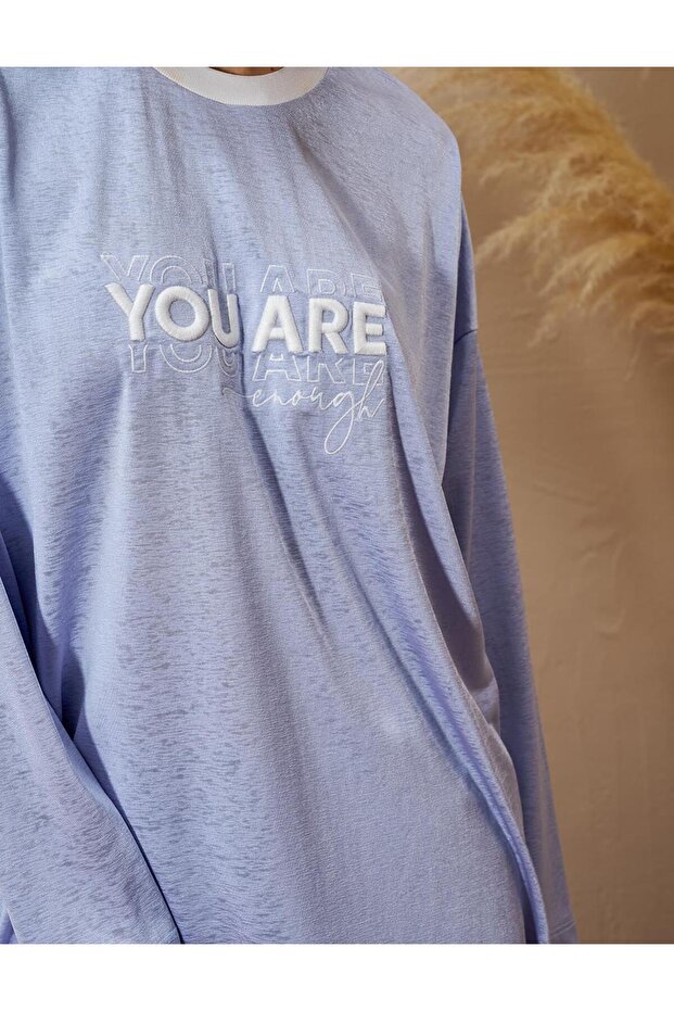 Slogan Detaylı Örme Sweatshirt Mavi - 7