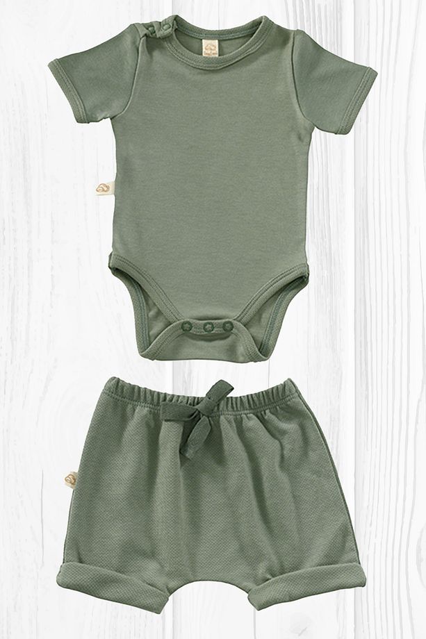 Unisex 2 Parça Kısa Kollu Bebek Yazlık Bodysuit Ve Şort Seti - Elation Gourd - 1