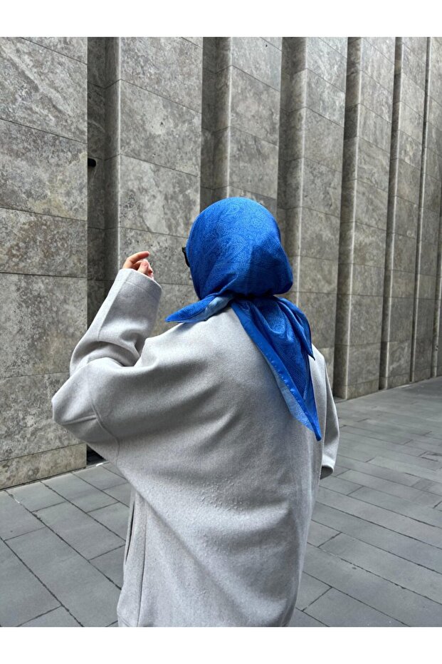Pamuklu Soft İnci Desen Eşarp-Saks Mavi - 3