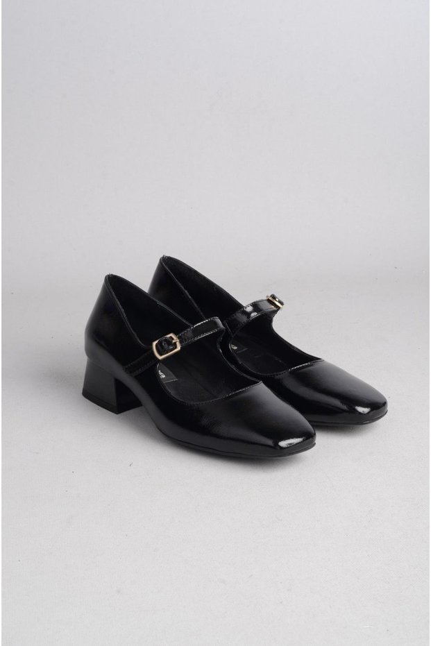 Select 25106602 Genuine Leather Belt Heeled Women's Shoes (Heel Height: 3.5 cm) Black Patent Leather