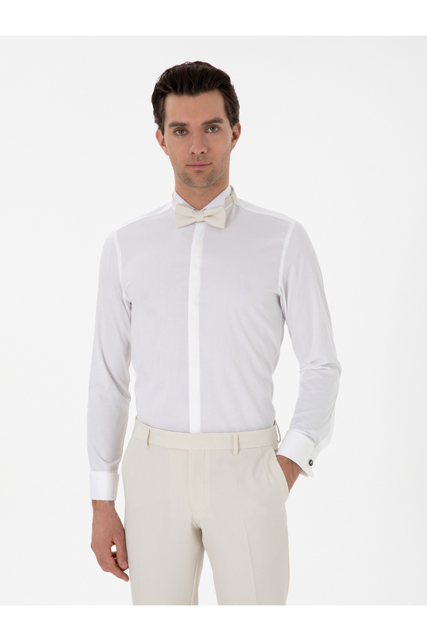 White Slim Fit Cotton Blend Ata Collar Tuxedo Shirt 50304086-Vr013