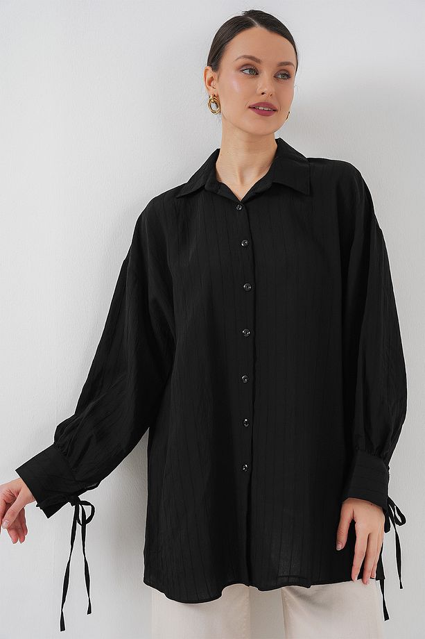 Kadın Oversize Bağcıklı Gömlek 5954 - Siyah - 2