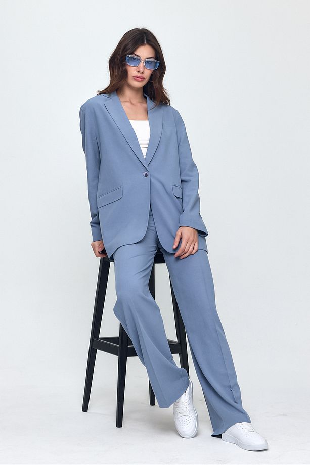 Nob Mavi Keten Kadın Oversize Ceket Pantolon Takim - 6