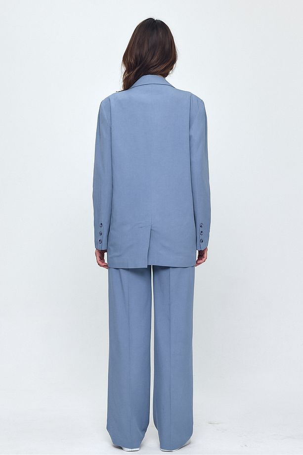 Nob Mavi Keten Kadın Oversize Ceket Pantolon Takim - 5