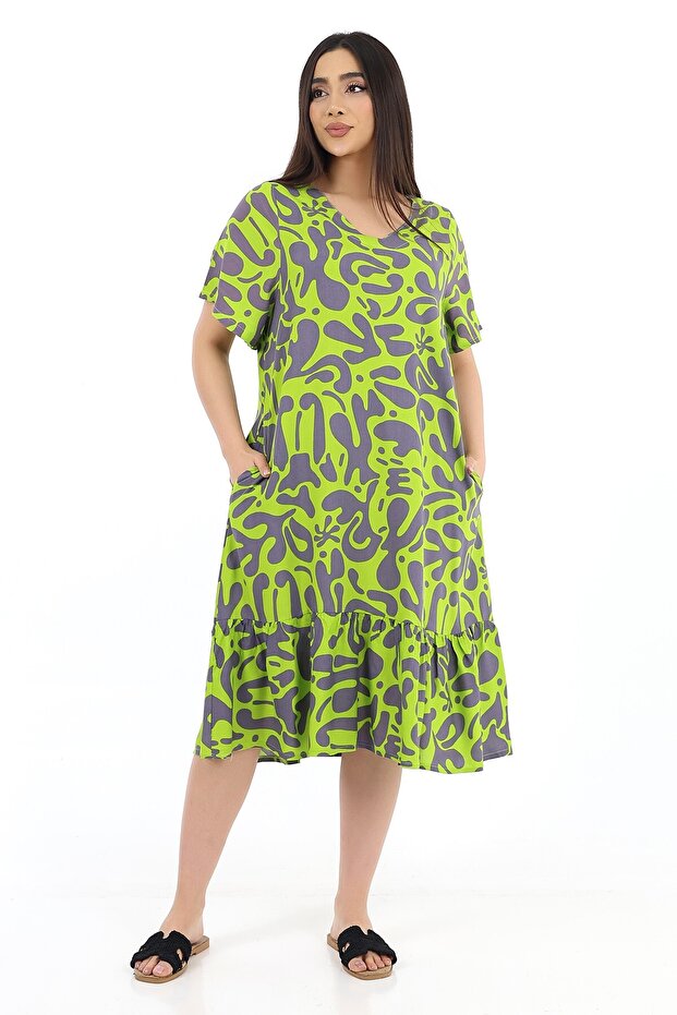 Women's Viscose Half Sleeve V-Neck Ruffle Dress Green