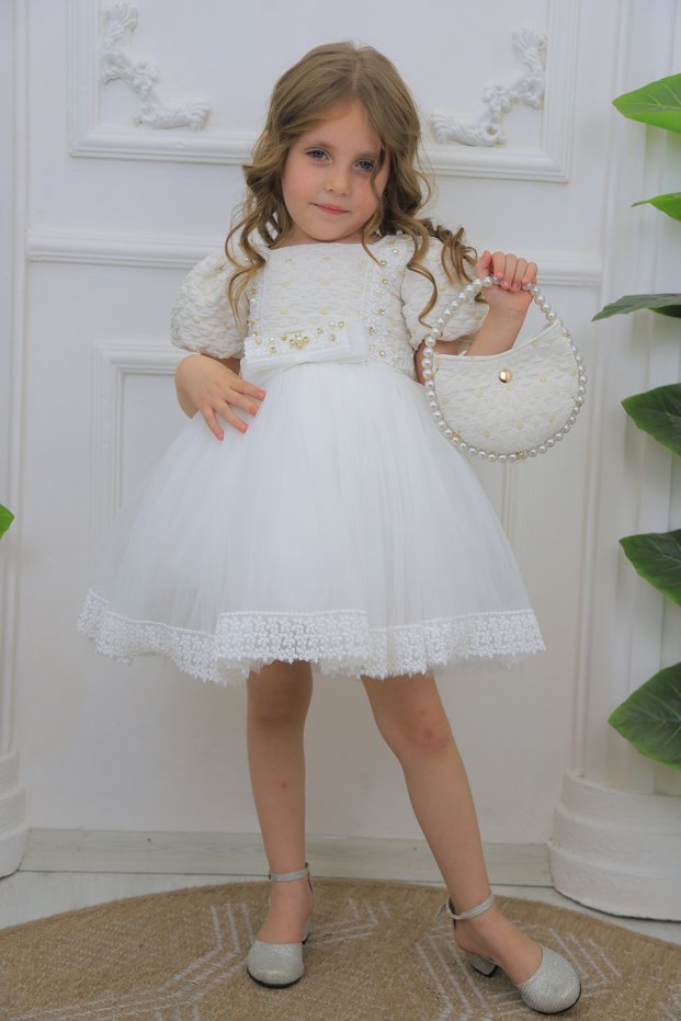 Balloon Sleeve Skirt Tip Lace Embroidered Jacquard Girl's Evening Dress