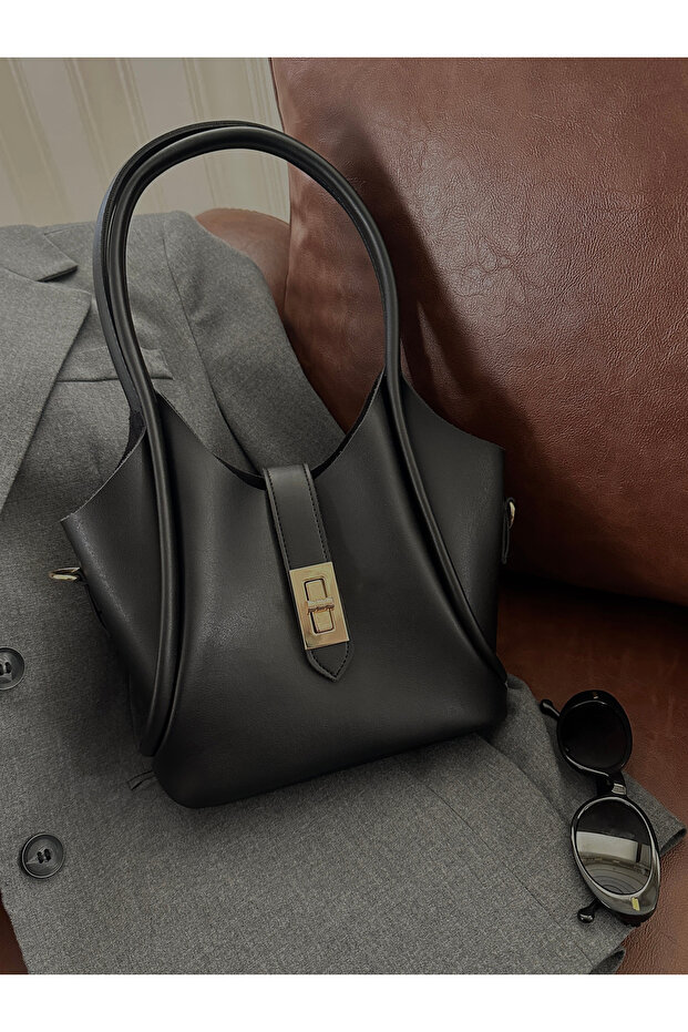 Women's Long Strap Shoulder and Crossbody Bag with Black Mini Lock Detail Makeup Bag