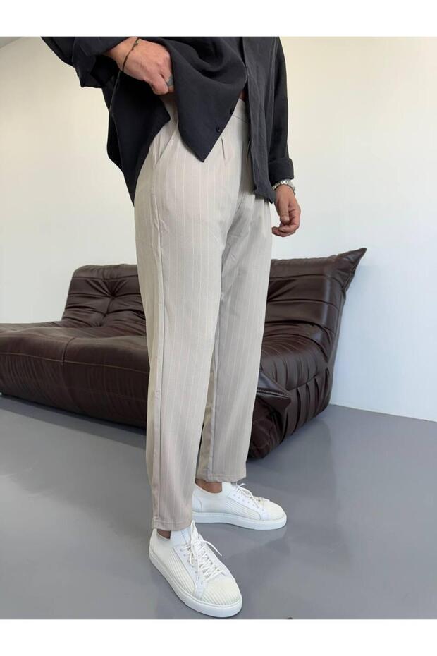 Men's Cream Boyfriend Striped Fabric Pants