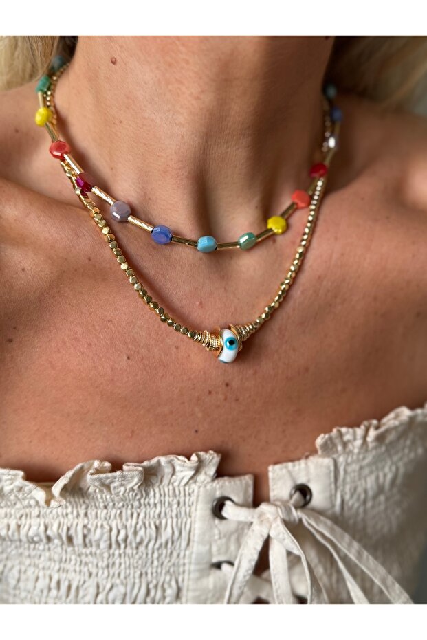Evil Eye Beaded Stone Necklace