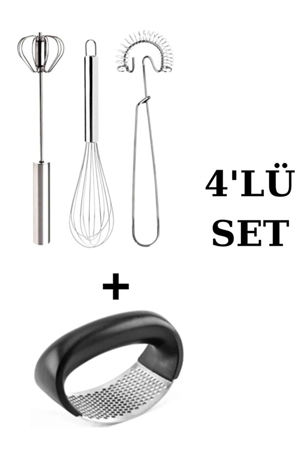 4-Piece Stainless Steel Kitchen Utensil Set; Whisk Set and Garlic Masher Set