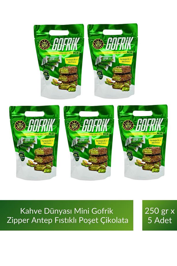 Kahve Dünyası Mini Gofrik Zipper Antep Fıstıklı Gofrik Poşet Çikolata 250 gr x 5 Adet - 1