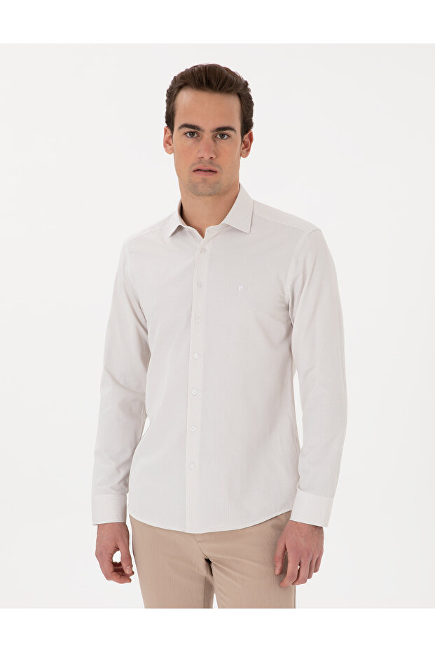 Beige Italian Collar Striped Long Sleeve Shirt 50306074-Vr011