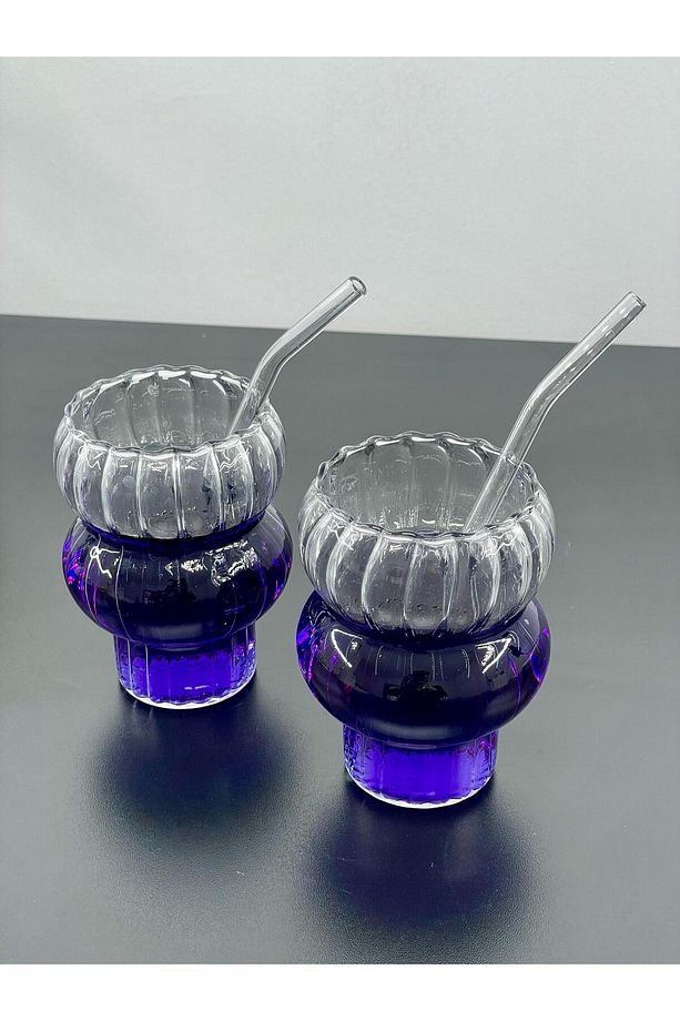2 Adet Cam Kokteyl Meşrubat Bardağı Bardak Kupa Cam Pipet hediyeli - 1