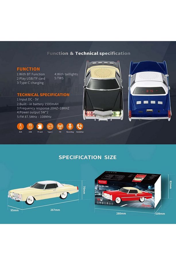 CADİLLAC ELDORADO NOSTALJİK ARABA ŞEKLİNDE BLUETOOTH SPEAKER ŞARJLI KABLOSUZ HOPARLÖR - 3