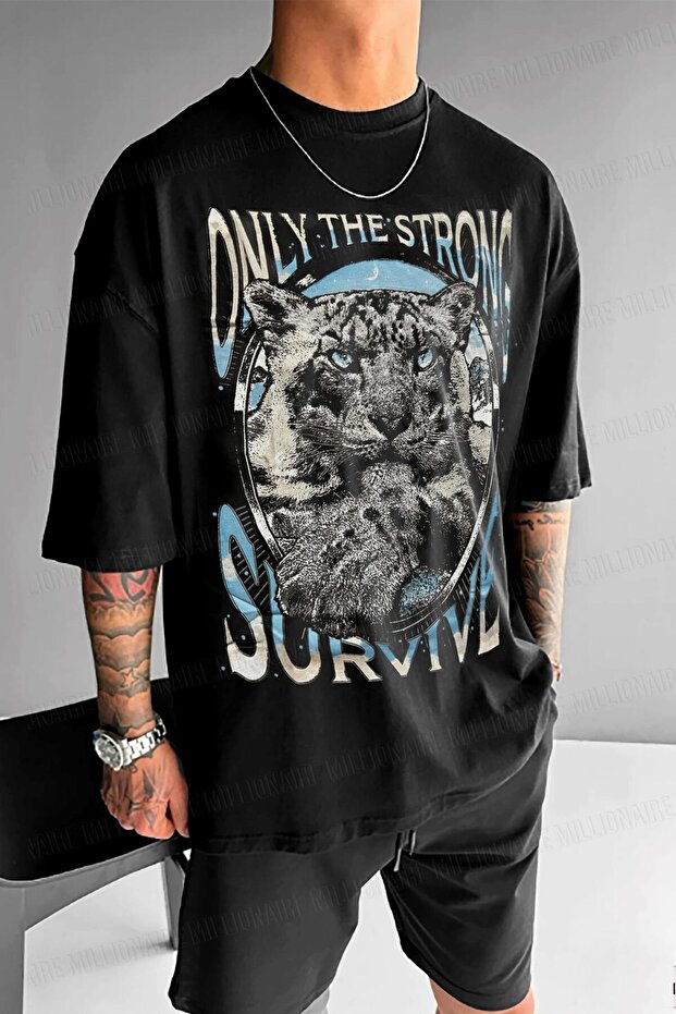 Men's Black Survive Oversize Fit Loose Wide Fit Loose Cut T-Shirt
