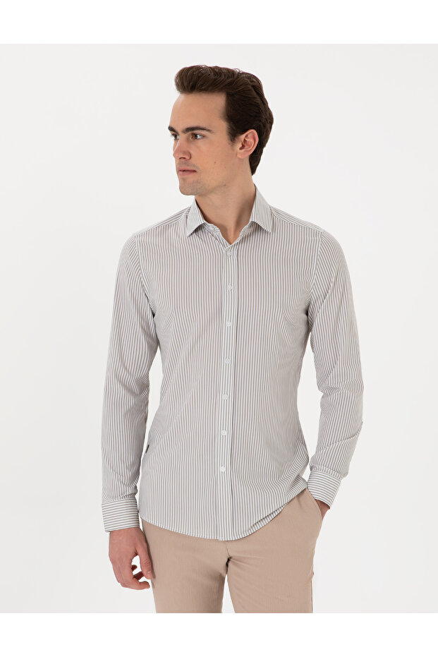 Khaki Lycra Striped Extra Slim Fit Long Sleeve Shirt 50303897-Vr027