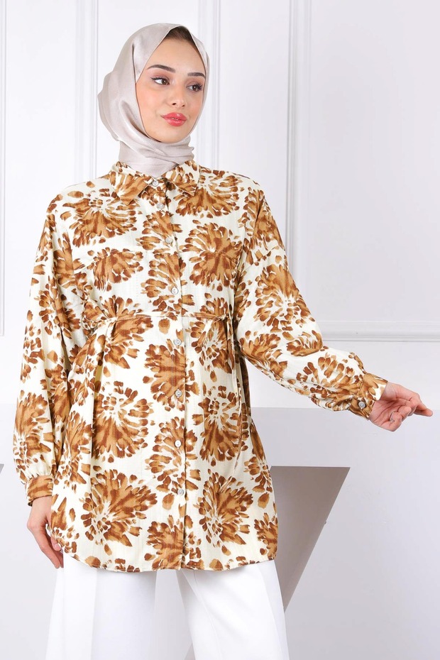 Brown Patterned Buttoned Shirt - 1