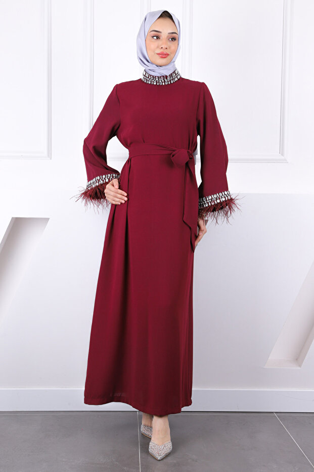 Burgundy Sleeve and Collar Stoned Evening Dress with Belt