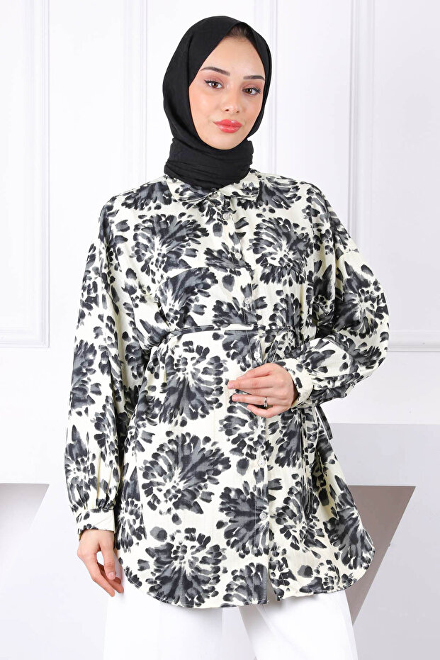 قميص أسود منقوش بأزرار - 1