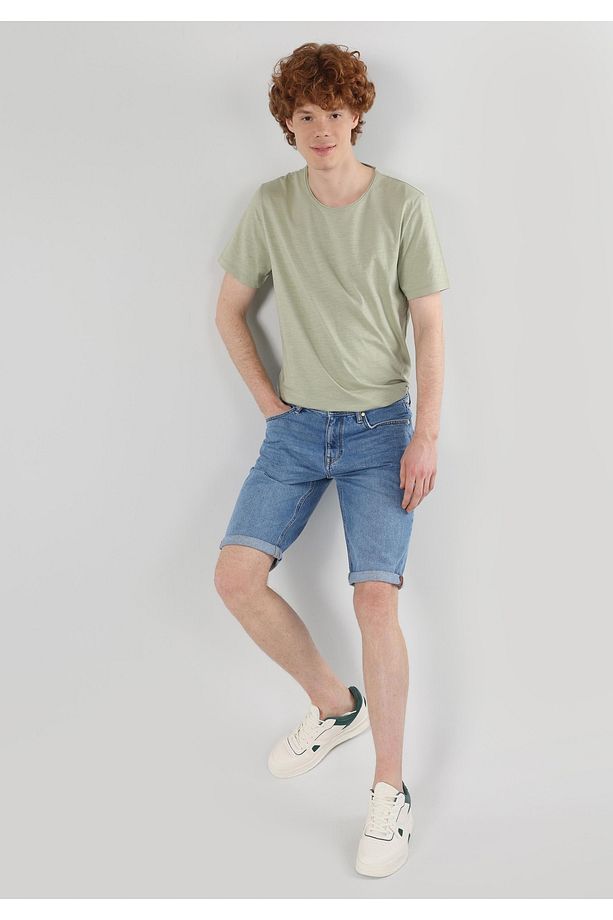 Regular Fit Orta Bel Düz Erkek Mavi Jean Şort - 1