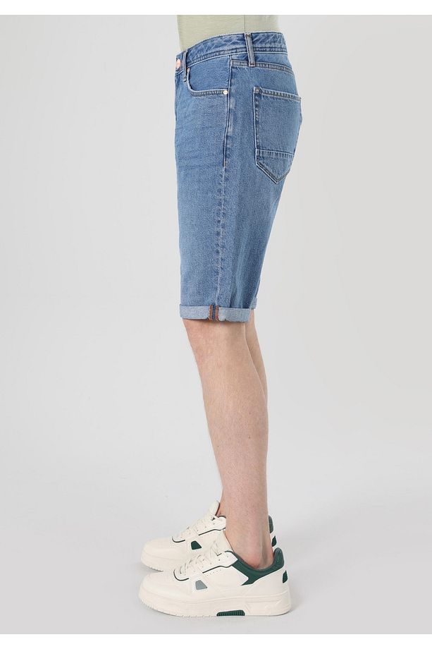 Regular Fit Orta Bel Düz Erkek Mavi Jean Şort - 5