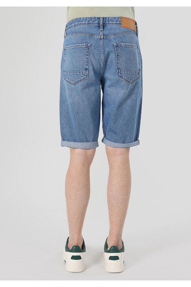 Regular Fit Orta Bel Düz Erkek Mavi Jean Şort - 2