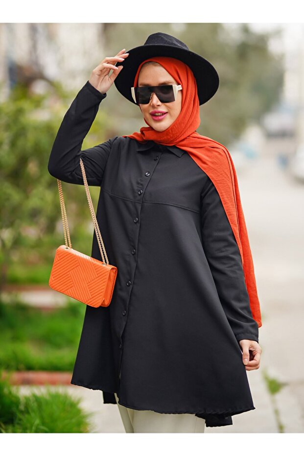 Front Buttoned Shirt Tunic - Black -