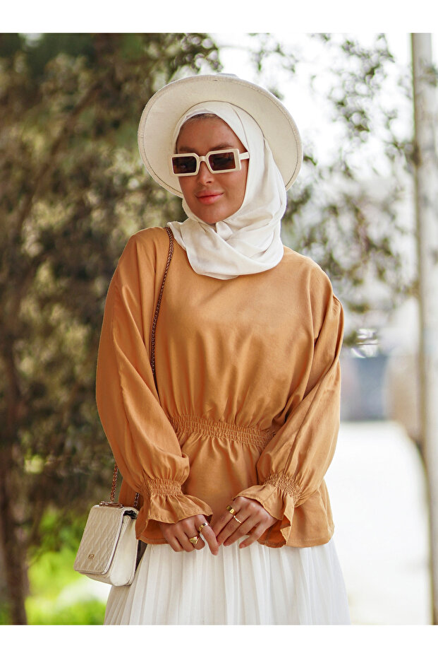 Elastic Blouse Shirt with Waist and Cuffs - Mink -