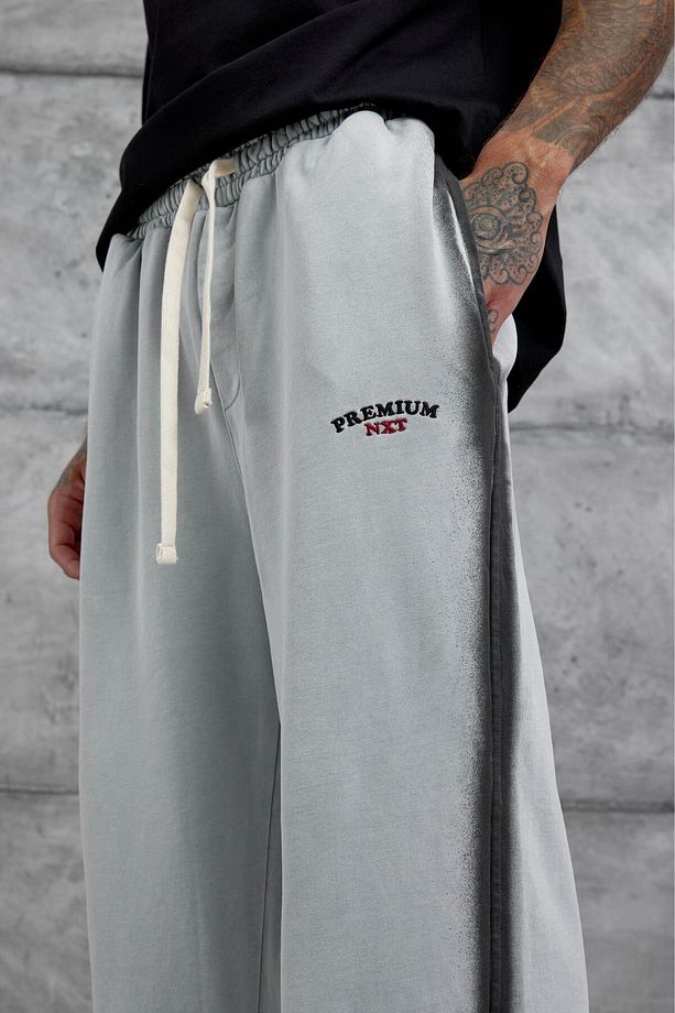 Gri Paça Lastikli Yıkamalı Baggy Eşofman Altı - 3