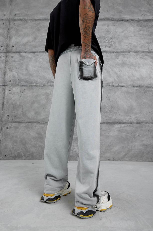 Gri Paça Lastikli Yıkamalı Baggy Eşofman Altı - 5
