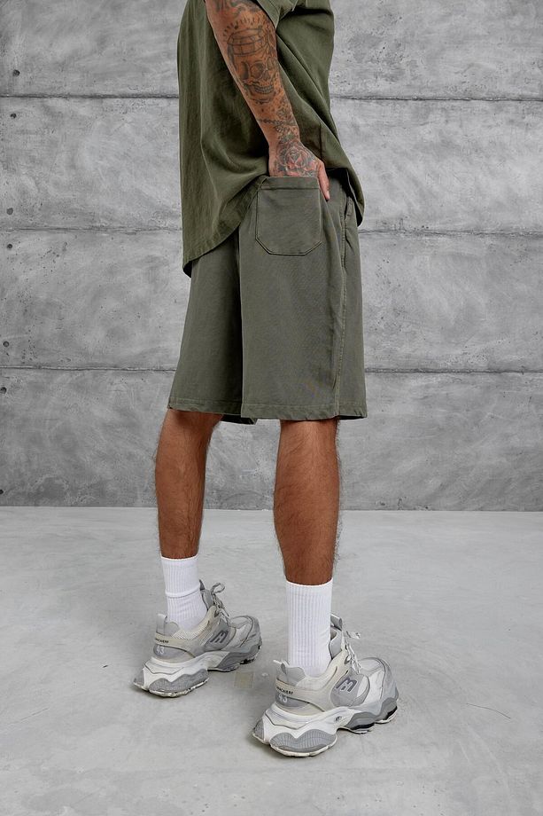 Haki Yıkamalı Oversize Şort - 4