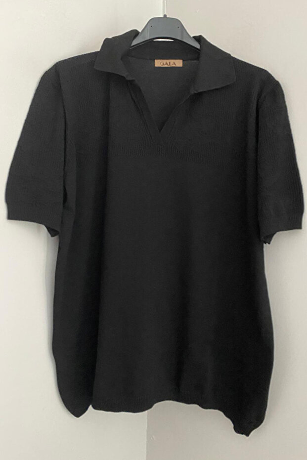 Women's Black Shirt Collar Patterned Short Sleeve Openwork Knitwear Blouse