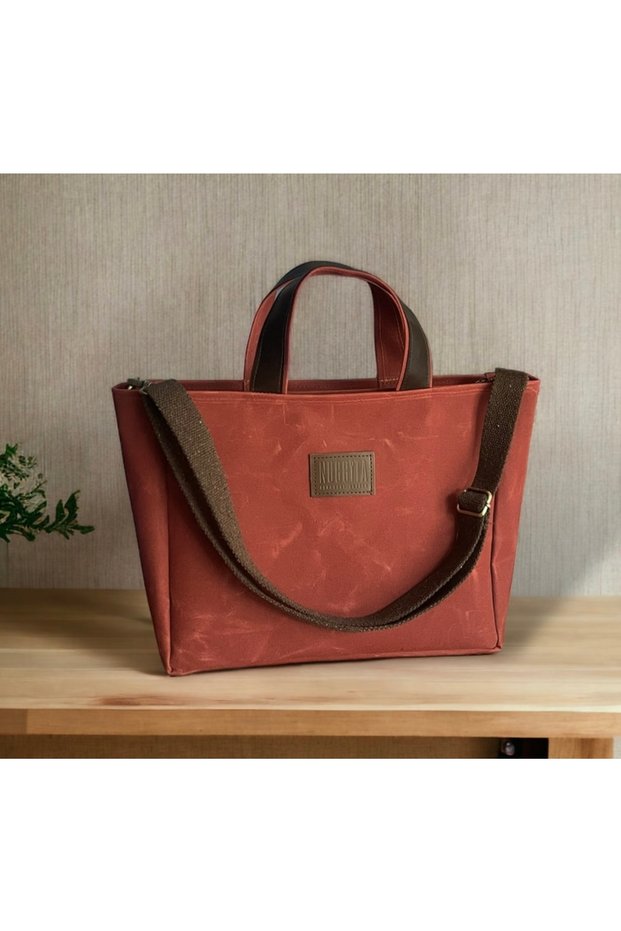Zippered Medium Size Waxed Canvas Coral Color Handbag / Cross Strap