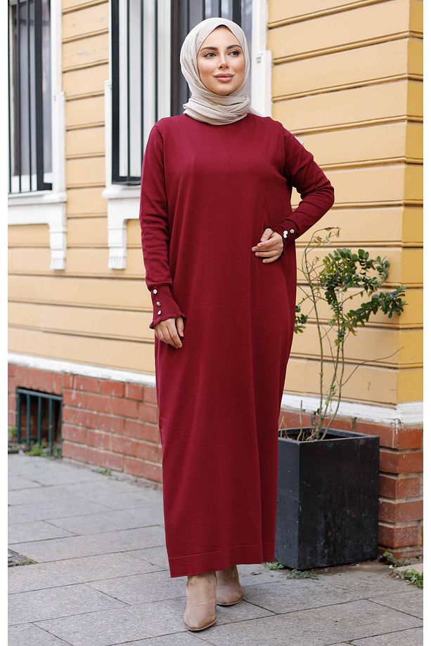 Kadın Merserize Yakası Taş Detaylı Fırfırlı Triko Elbise - 6
