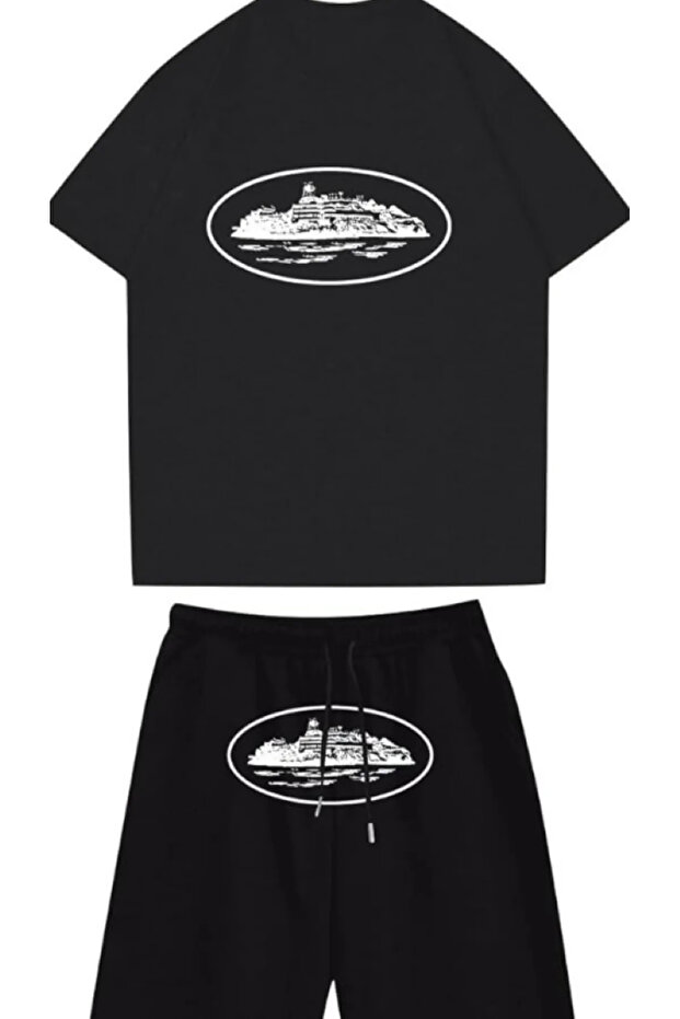Unisex Corteiz Resim Baskılı Oversize Unisex Şort-Tshirt Takım - 1